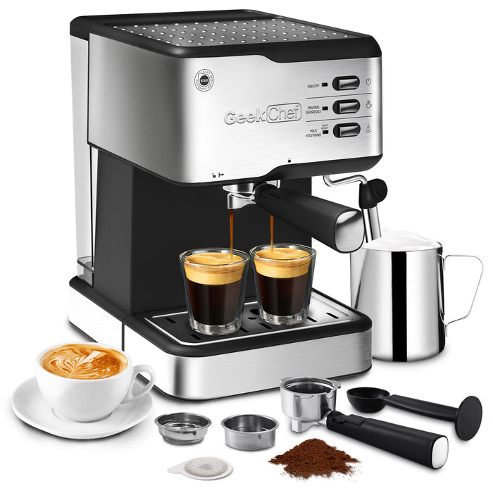Geek Chef 950W Espresso Machine: 20-Bar Pump Latte & Cappuccino Maker with 1.5L Water Tank - Compatible with ESE POD Capsules Filter